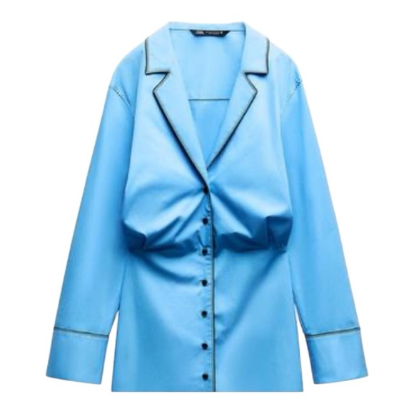 Zara Dresses & Skirts - 💙 ZARA Blue Short Trench Mini Dress Size S – Contrast Piping, Lapel Collar